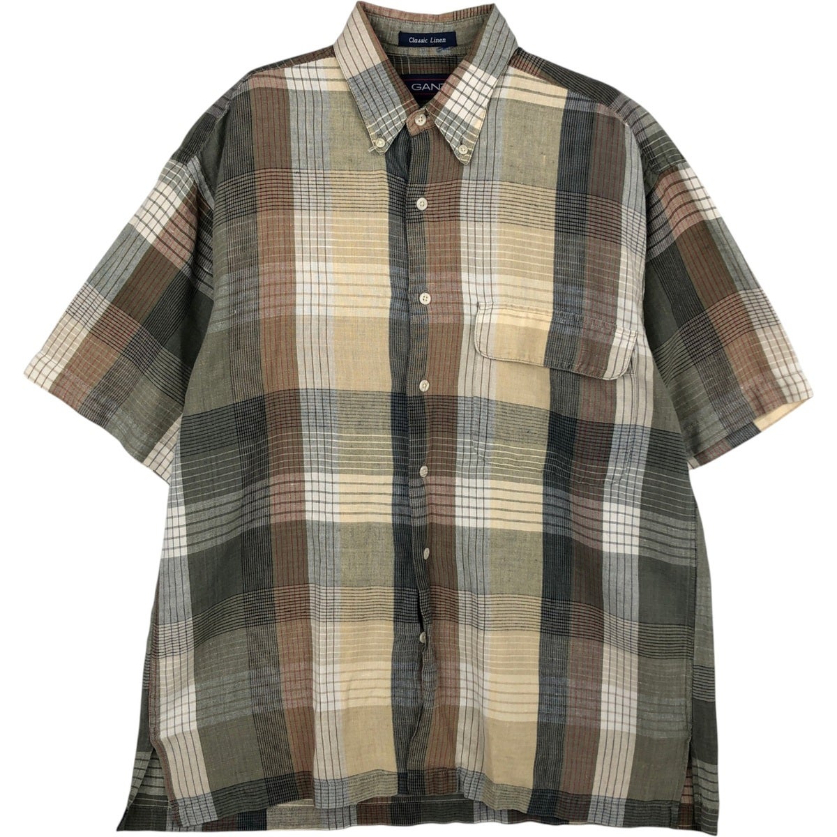 古着 90年代 GANT チェック柄 半袖 コットン×リネン ボタンダウン